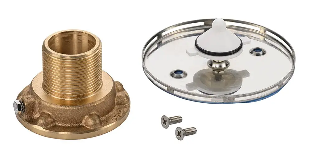 Bodeneinlaufdüse zur Mengenregulierung, bestehend aus einem Metallflansch und einer transparenten Abdeckung mit Verschlussmechanismus. Hersteller: Grünbeck.